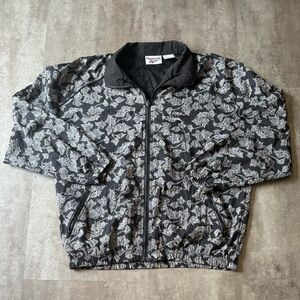 VTG Reebok Windbreaker Jacket Leaf Pattern Mens Medium Black